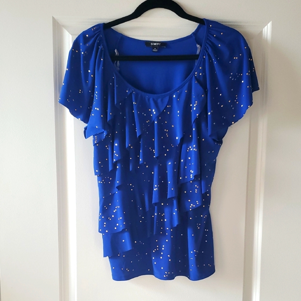 ELEMENTZ Blue Ruffled Blouse with Gold Specks Fun And UNIQUE